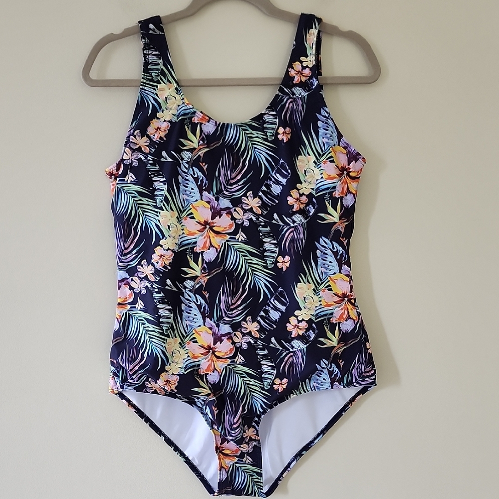 Tropical Floral Navy One-Piece Swimsuit for Women Size XL